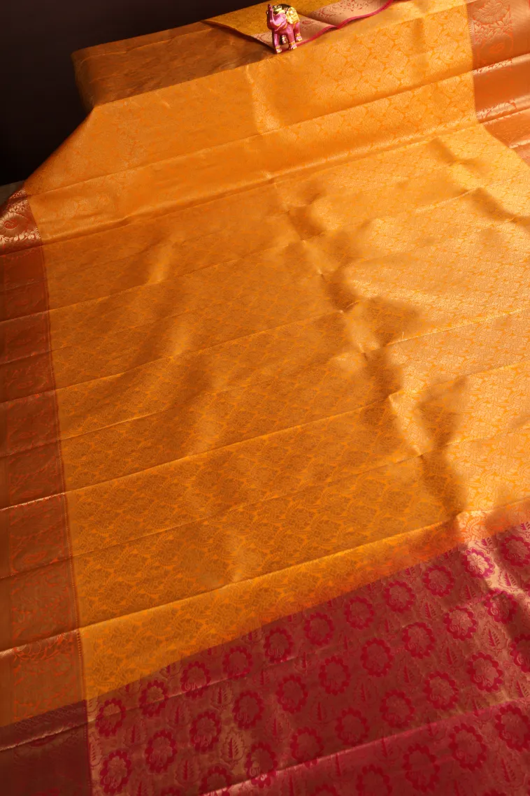 Lemon Yellow Visiri Madippu Silk Sarees with Copper Zari Floral Patterns view 2
