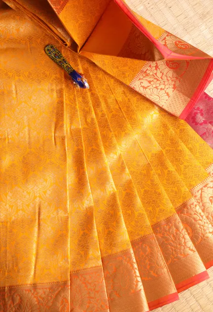 Lemon Yellow Visiri Madippu Silk Sarees with Copper Zari Floral Patterns