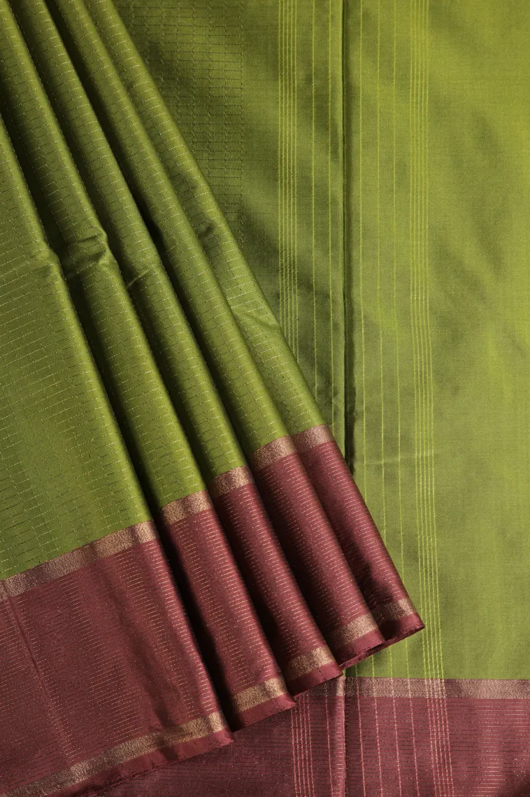 Lime Green Arani Silk Sarees with Gold Zari Small Checks Pattern