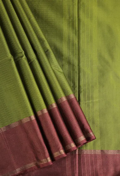 Lime Green Arani Silk Sarees with Gold Zari Small Checks Pattern
