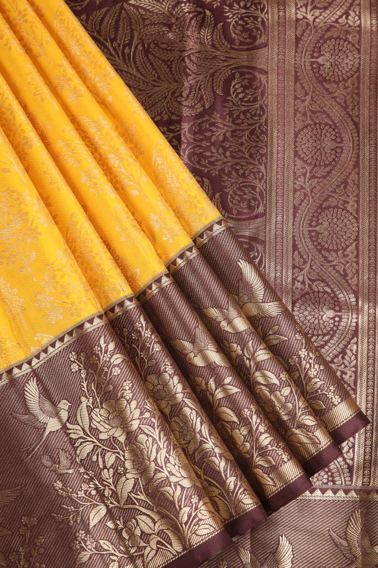 Lemon Yellow Apoorva Silk Sarees with Copper Zari Floral Patterns
