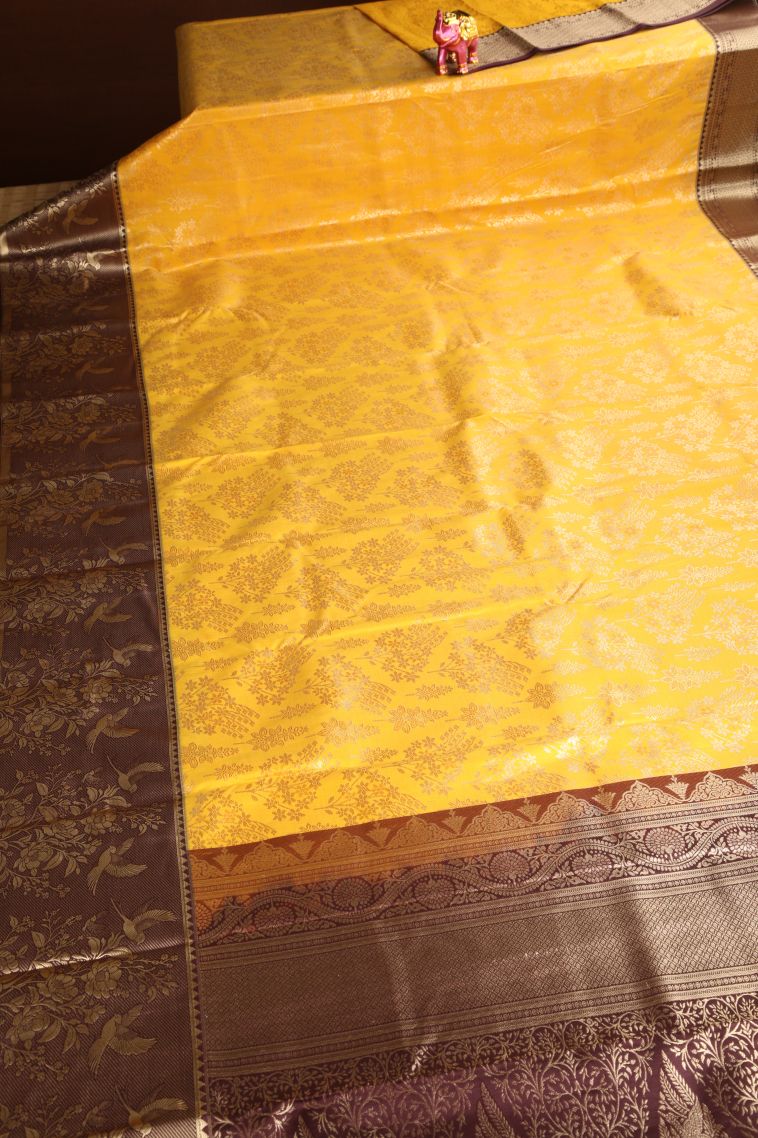 Lemon Yellow Apoorva Silk Sarees with Copper Zari Floral Patterns view 2