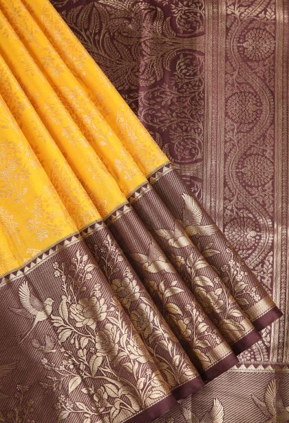 Lemon Yellow Apoorva Silk Sarees with Copper Zari Floral Patterns