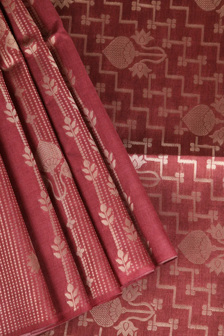 Apple Red Tussar Saree with Antic Zari Floral Patterns