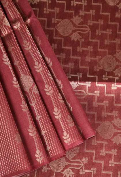 Apple Red Tussar Saree with Antic Zari Floral Patterns