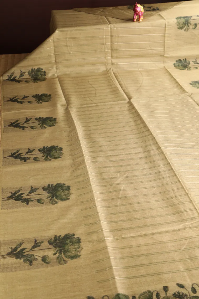 Sand Yellow Tussar Saree Without Zari With Stripes view 2