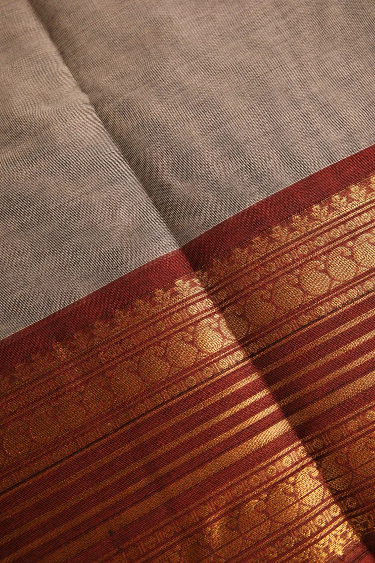 Gray Black Chettinad Cotton Sarees with Gold Zari Plain view 3