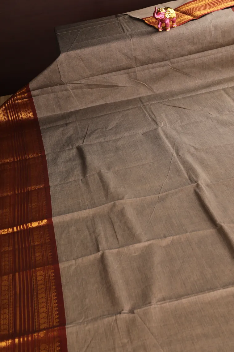 Gray Black Chettinad Cotton Sarees with Gold Zari Plain view 2