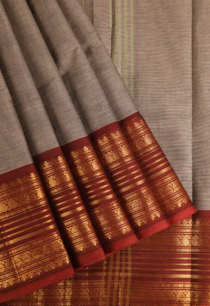 Gray Black Chettinad Cotton Sarees with Gold Zari Plain