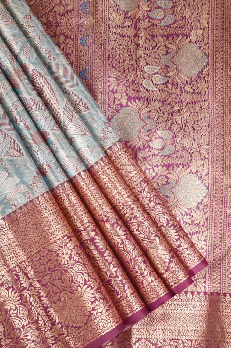 Sapphire Blue Apoorva Silk Sarees Copper Zari with Leaf Pattern