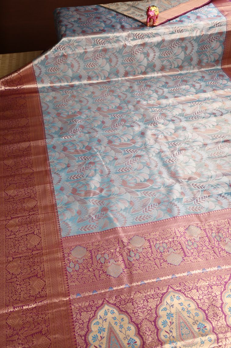 Sapphire Blue Apoorva Silk Sarees Copper Zari with Leaf Pattern view 2