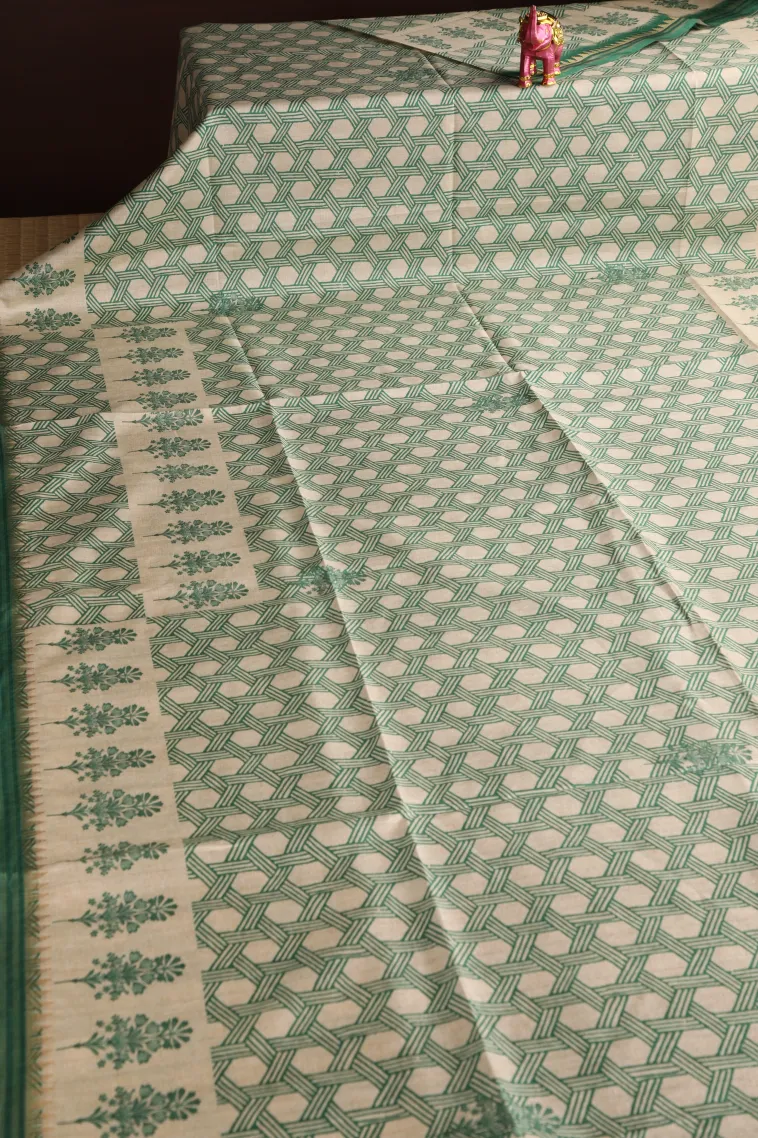Seaweed Green Semi Raw Silk Printed Without Zari With Geometric Shapes view 2