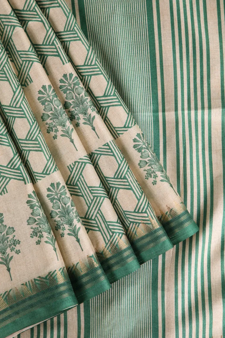 Seaweed Green Semi Raw Silk Printed Without Zari With Geometric Shapes