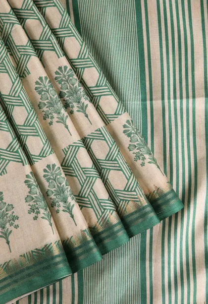 Seaweed Green Semi Raw Silk Printed Without Zari With Geometric Shapes
