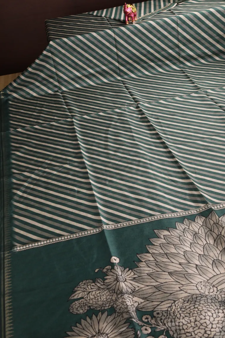 Teal Blue Semi Raw Silk Printed Without Zari With Cross Straipes view 2