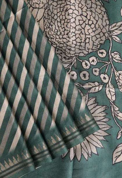 Teal Blue Semi Raw Silk Printed Without Zari With Cross Straipes