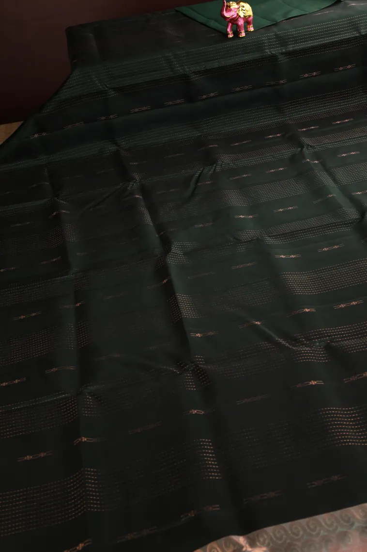 Bottle Green Soft Silk Saree with Copper Zari Stripes view 2