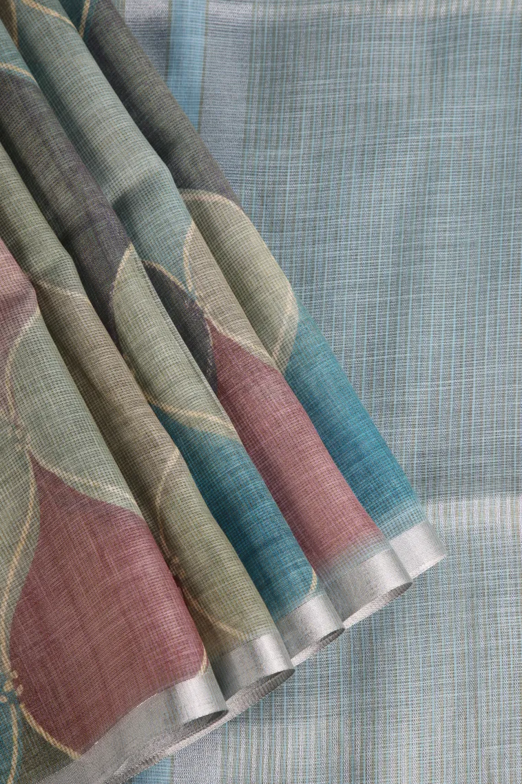 Cerulean Blue Linen Saree Without Zari With Geometric Shapes