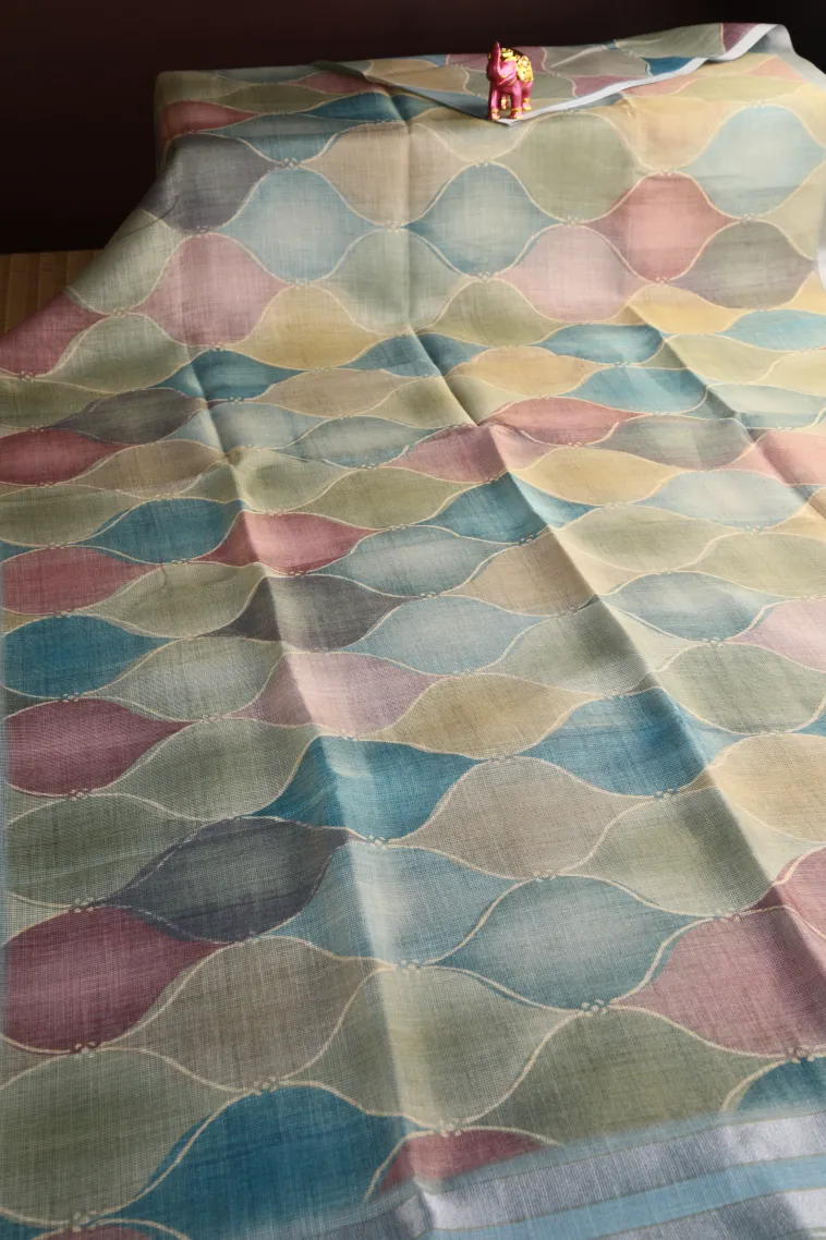 Cerulean Blue Linen Saree Without Zari With Geometric Shapes view 2