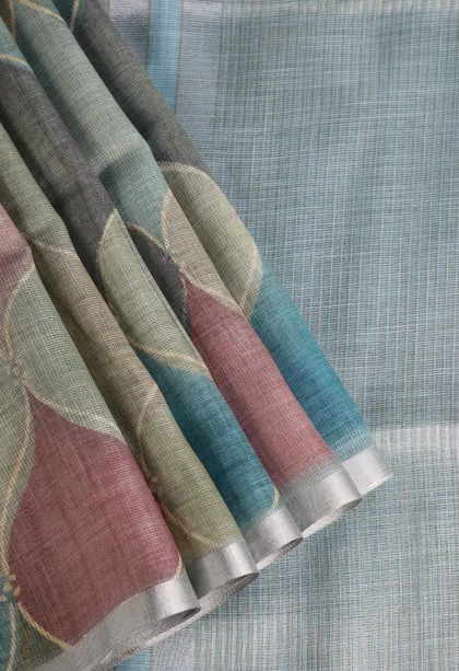 Cerulean Blue Linen Saree Without Zari With Geometric Shapes