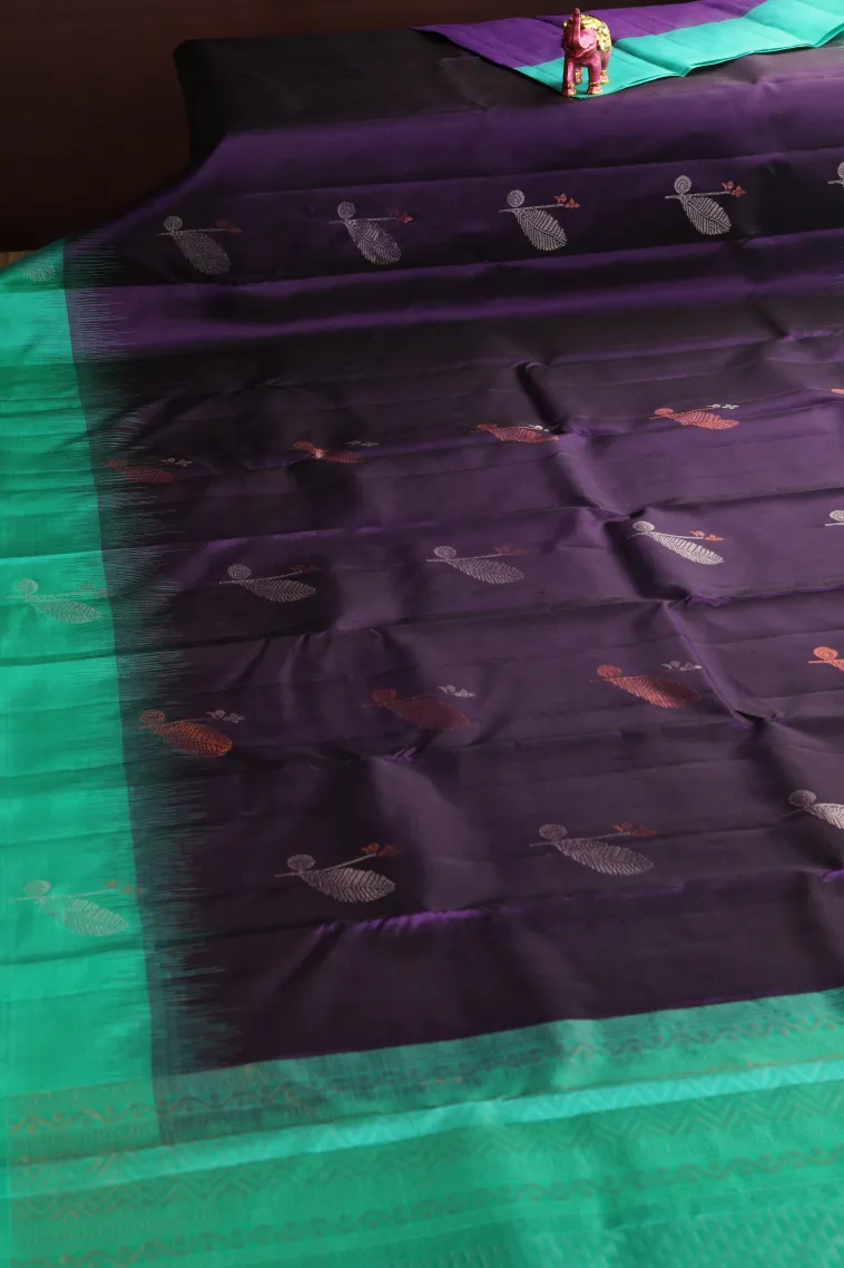 Viola Purple Soft Silk Saree with Copper And Silver Zari Leaf Puttas view 2