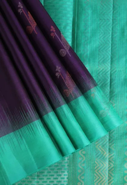 Viola Purple Soft Silk Saree with Copper And Silver Zari Leaf Puttas