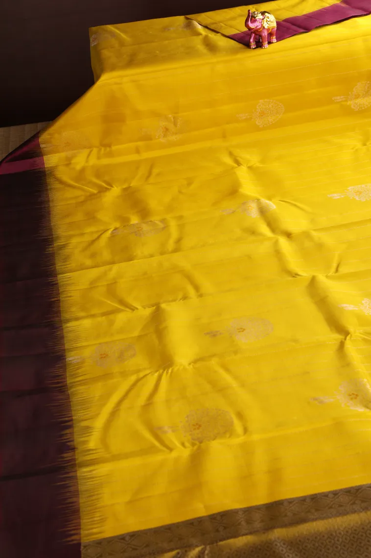 Lemon Yellow Soft Silk Saree with Copper And Silver Zari Flower Mottif view 2