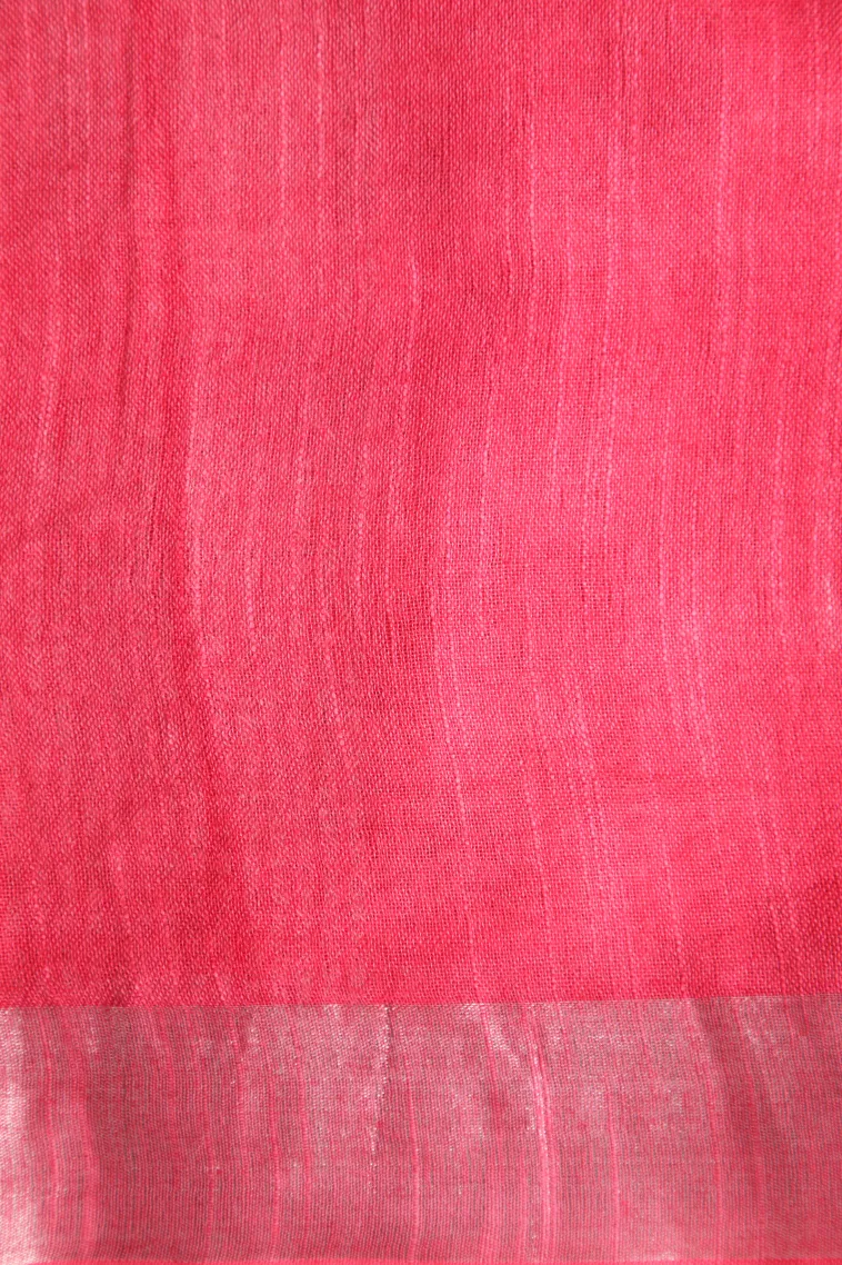 Fire Orange Linen Saree with Silver Zari Floral Patterns view 3