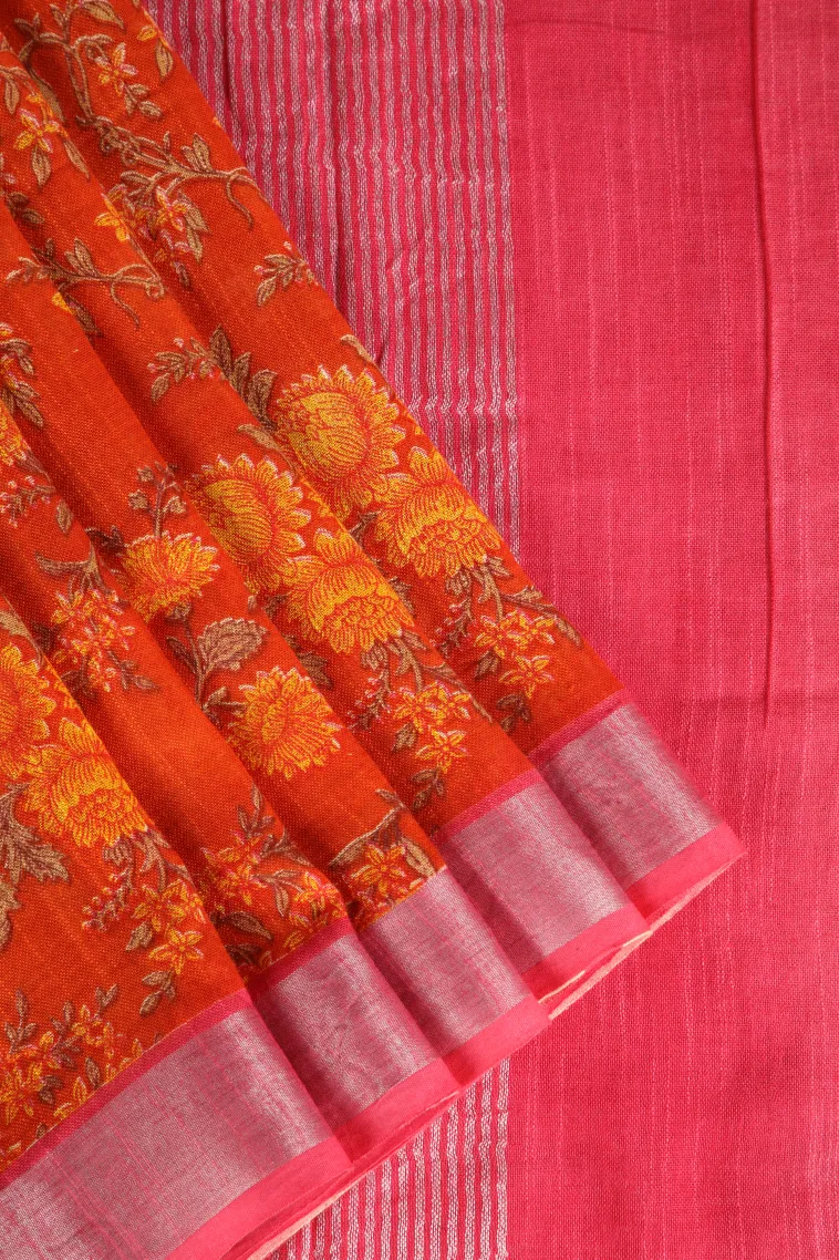 Fire Orange Linen Saree with Silver Zari Floral Patterns view 1