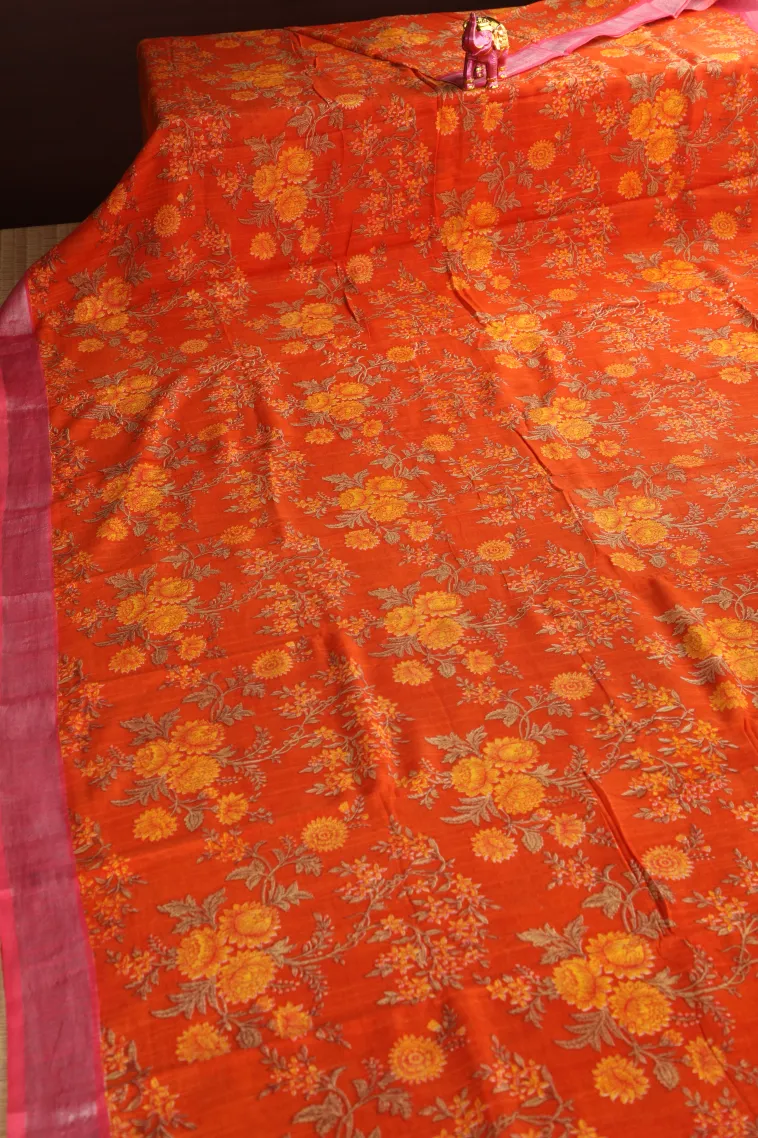 Fire Orange Linen Saree with Silver Zari Floral Patterns view 2