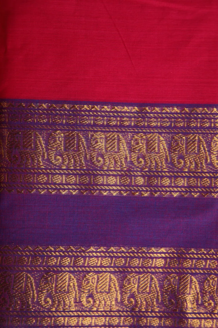 Punch Pink Chettinad Cotton Sarees with Gold Zari Plain view 3