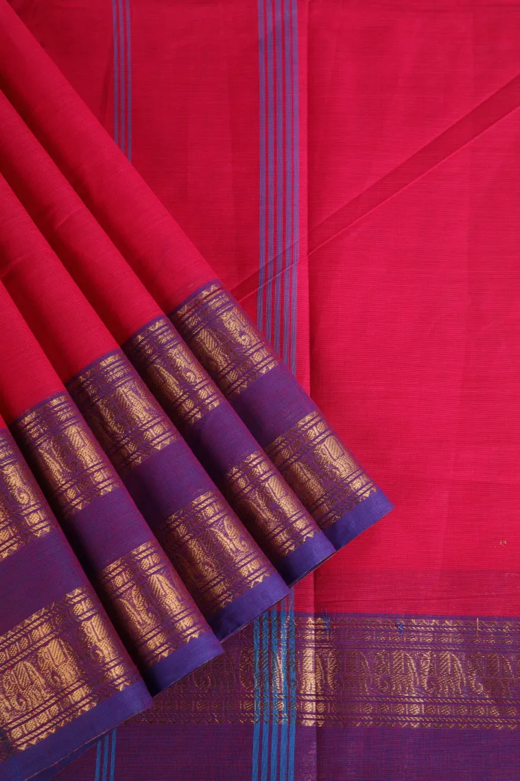 Punch Pink Chettinad Cotton Sarees with Gold Zari Plain