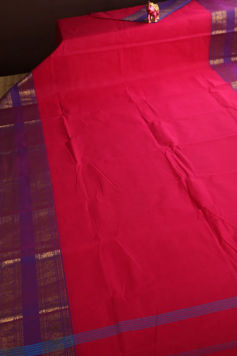 Punch Pink Chettinad Cotton Sarees with Gold Zari Plain view 2