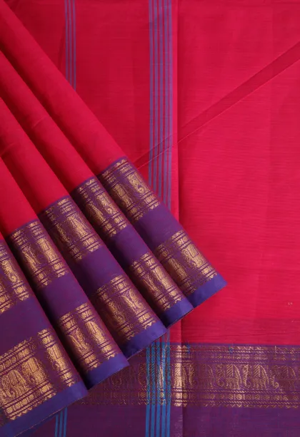 Punch Pink Chettinad Cotton Sarees with Gold Zari Plain