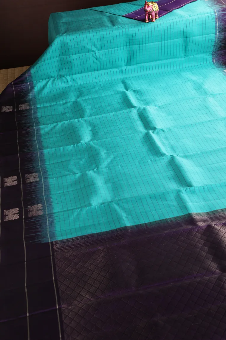 Sky Blue Soft Silk Saree with Silver Zari Checks view 2