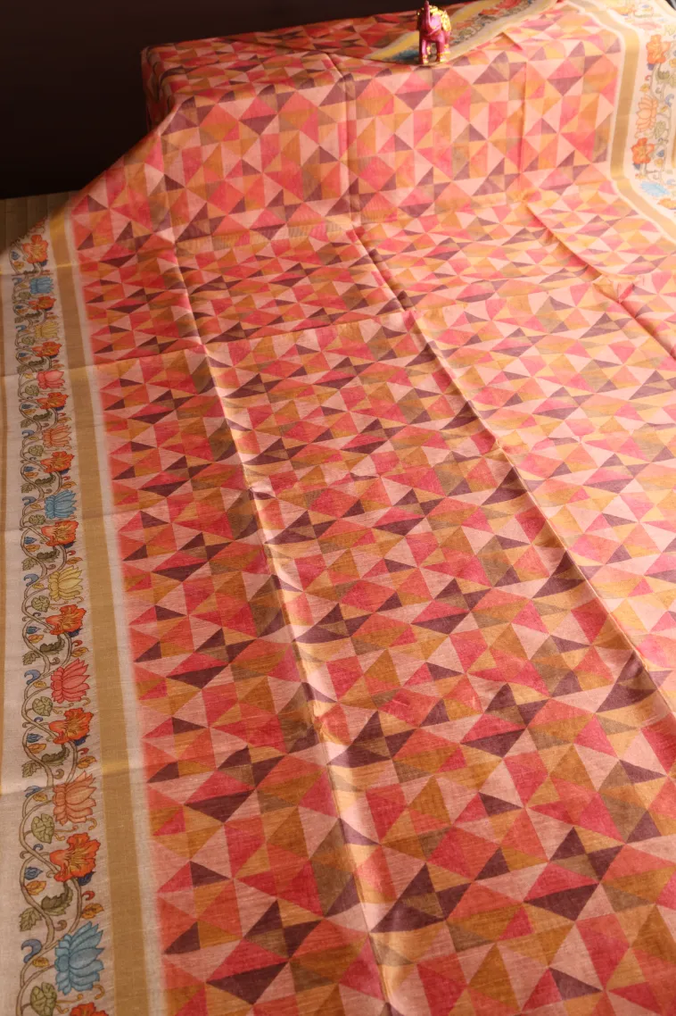 Peach Pink Jute Sarees Without Zari With Geometric Shapes view 2
