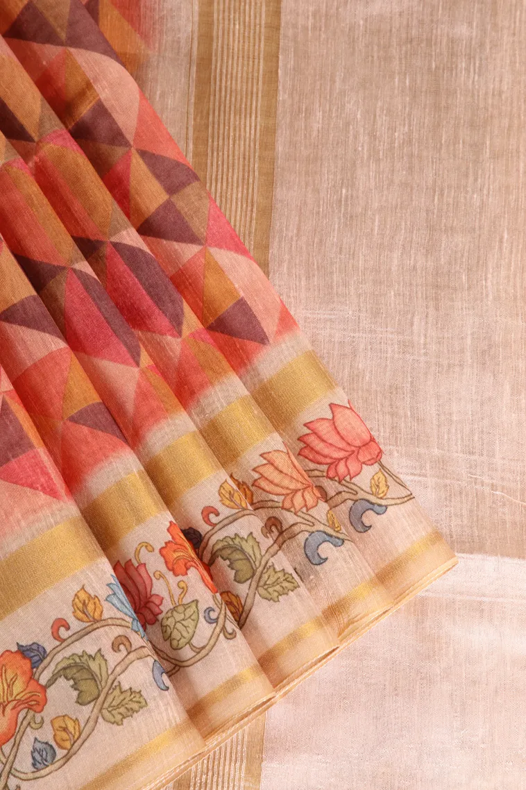 Peach Pink Jute Sarees Without Zari With Geometric Shapes