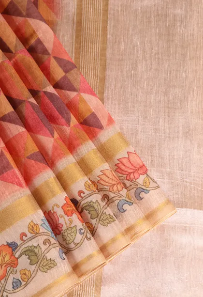 Peach Pink Jute Sarees Without Zari With Geometric Shapes