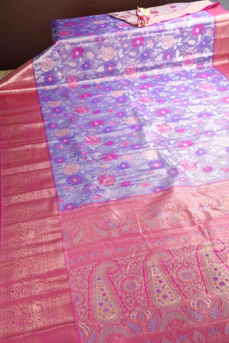 Navy Blue Apoorva Silk Sarees with Copper Zari Floral Patterns view 2