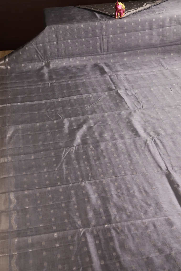 Gray Black Raw Silk Sarees with Antic Zari Puttas view 2