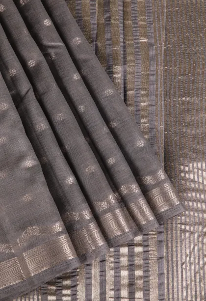 Gray Black Raw Silk Sarees with Antic Zari Puttas