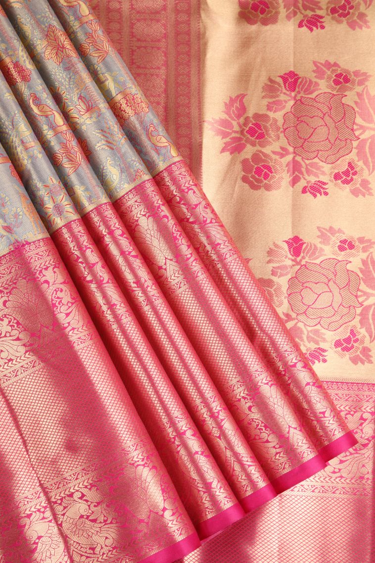 Gray Black Apoorva Silk Sarees with Copper Zari Floral Patterns