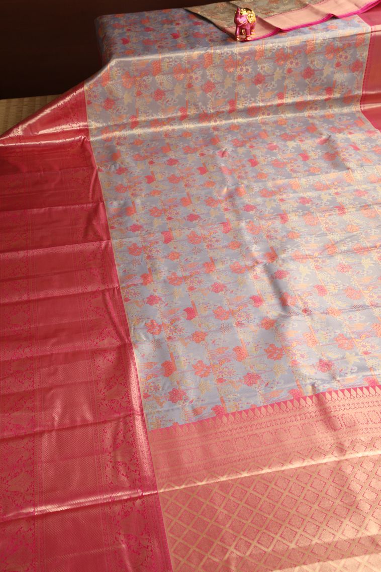 Gray Black Apoorva Silk Sarees with Copper Zari Floral Patterns view 2