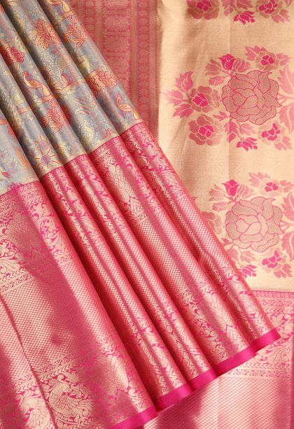 Gray Black Apoorva Silk Sarees with Copper Zari Floral Patterns