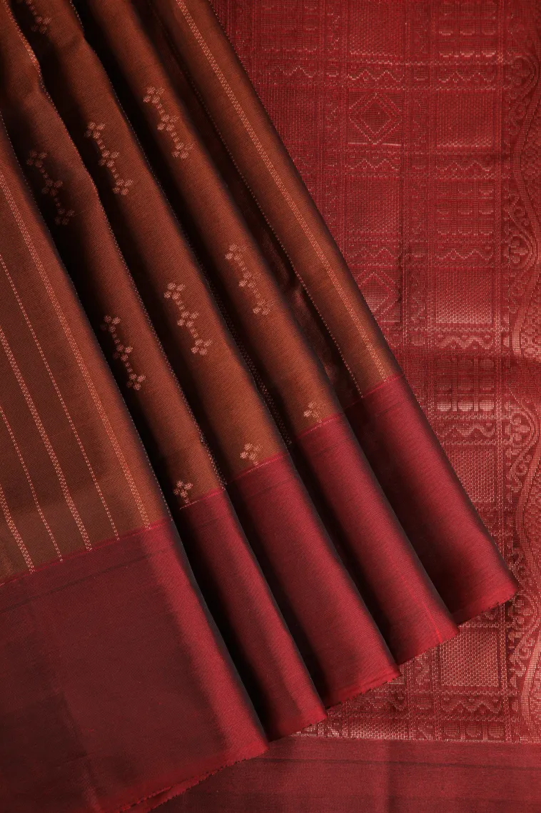Caramel Brown Soft Silk Saree with Copper Zari Straipes And Puttas