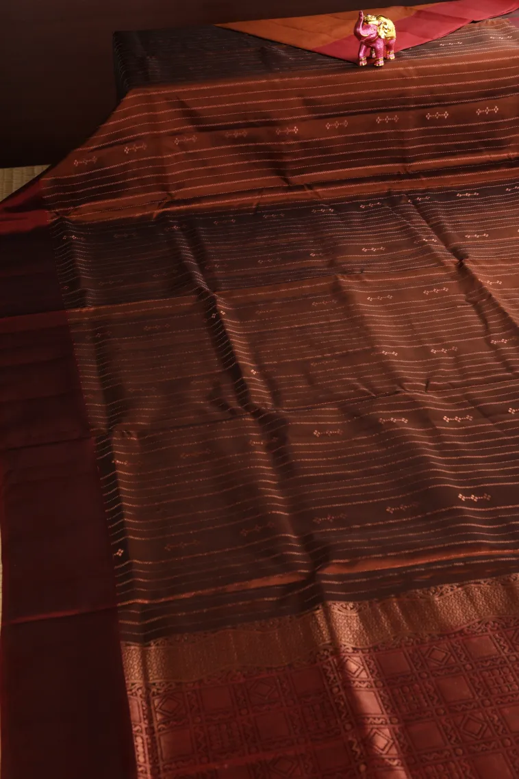 Caramel Brown Soft Silk Saree with Copper Zari Straipes And Puttas view 2