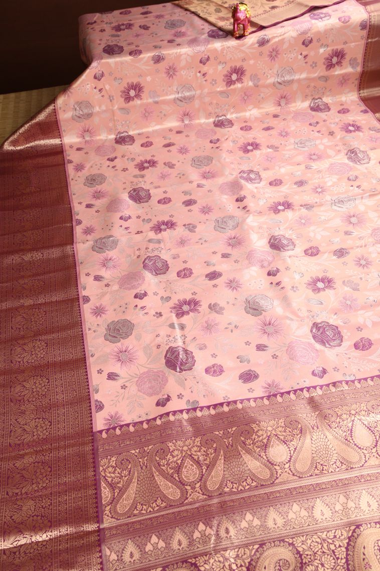 Salmon Pink Apoorva Silk Sarees Copper Zari with Floral Patterns view 2