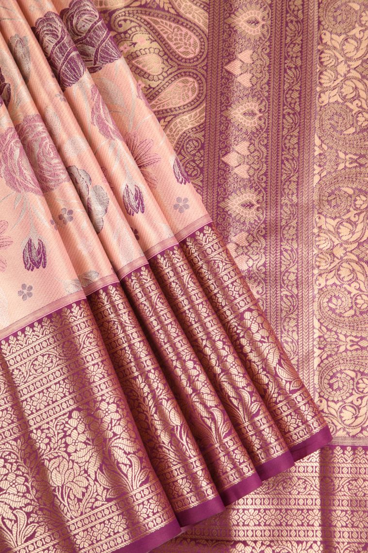Salmon Pink Apoorva Silk Sarees Copper Zari with Floral Patterns