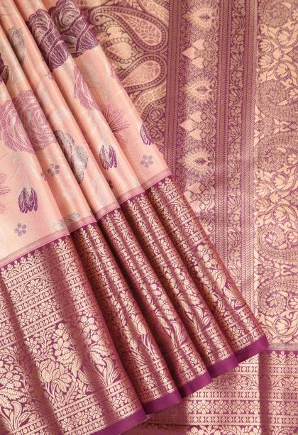 Salmon Pink Apoorva Silk Sarees Copper Zari with Floral Patterns