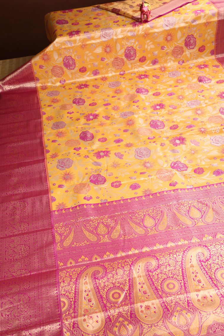 Merigold Orange Apoorva Silk Sarees Gold And Silver Zari with Floral Patterns view 2